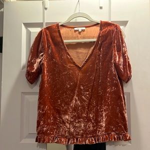 Madewell Velvet Tulip Slit Open Sleeves Ruffle Trim Top pink V-Neck Size XS